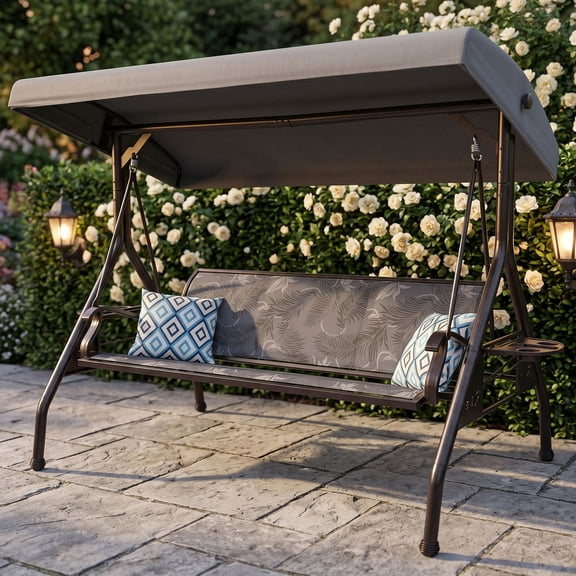 YIKEMA 3-Seat Steel Canopy Porch Swing with Foldable Side Trays and Cup Holders, Gray