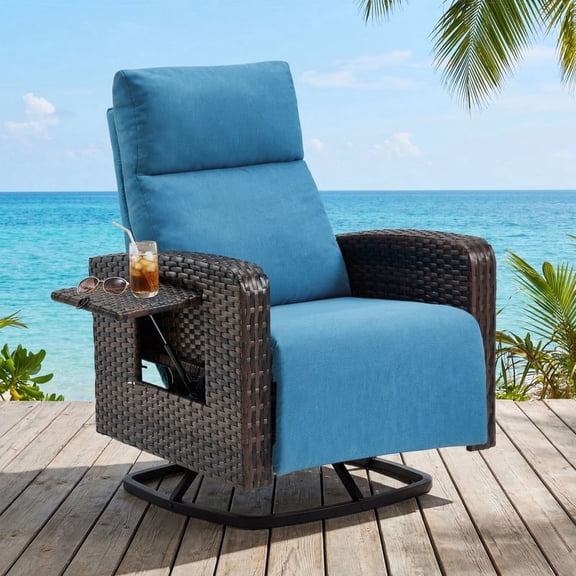 YIKEMA 360° Swivel Wicker Outdoor Recliner Chair with Flip Table and Footrest, Adjustable Reclining Patio Lounge Chair with Cushion, Brown & Blue