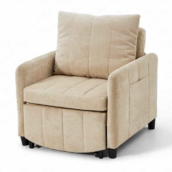 YIKEMA 4-in-1 Convertible Sleeper Chair Bed, 84 Inch Extra Long Pull Out Sofa for Tall Guests, Adjustable Backrest Lounge with Side Storage & Metal Frame, 500 lbs Capacity, Light Brown