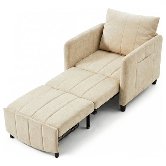 YIKEMA 4-in-1 Convertible Sleeper Chair Bed, 84 Inch Extra Long Pull Out Sofa for Tall Guests, Adjustable Backrest Lounge with Side Storage & Metal Frame, 500 lbs Capacity, Light Brown