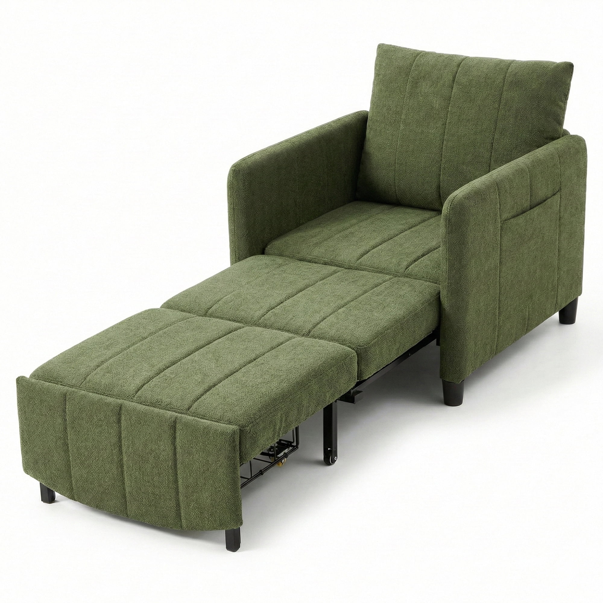 YIKEMA 4-in-1 Convertible Sleeper Chair Bed, 84 Inch Extra Long Pull Out Sofa for Tall Guests, Adjustable Backrest Lounge with Side Storage & Metal Frame, 500 lbs Capacity, Green