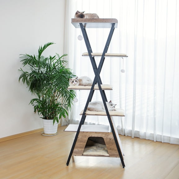 YIKEMA 73" Modern Cat Tree – Scratching Posts, Caves & Wooden Perch, Greige