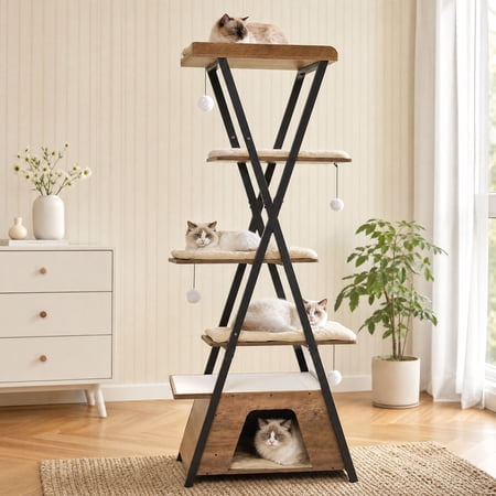 YIKEMA 73" Modern Cat Tree – Scratching Posts, Caves & Wooden Perch, Greige