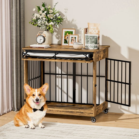 YIKEMA Furniture Small Wooden Indoor Dog Crate with Wheels, Rustic Brown