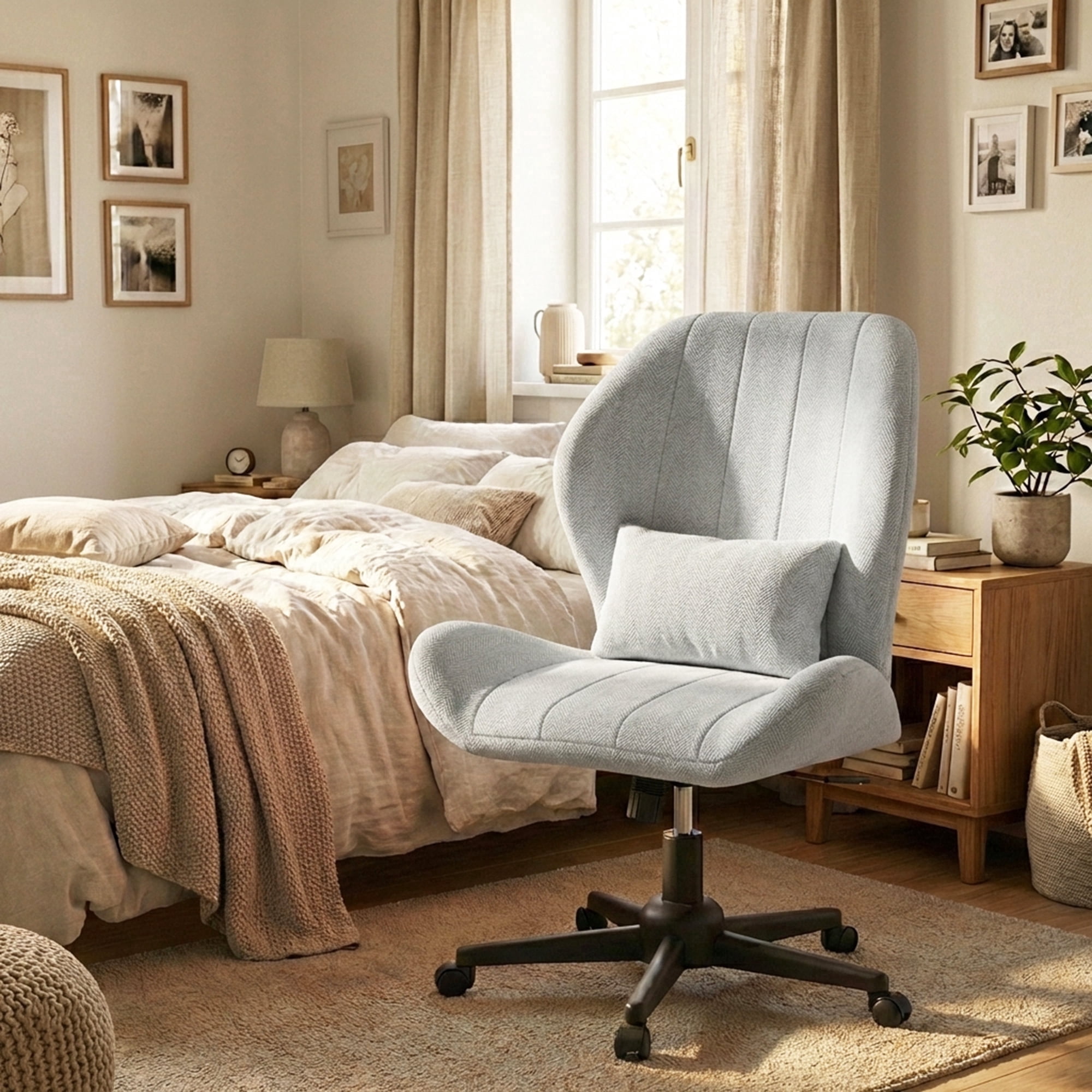 YIKEMA High Back Armless Rolling Office Chair, Wide Ergonomic Seat, Light Gray