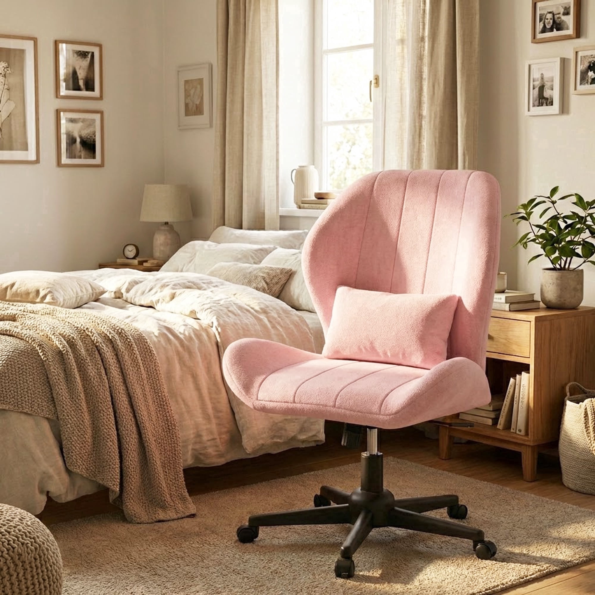 YIKEMA High Back Armless Rolling Office Chair, Wide Ergonomic Seat, Pink