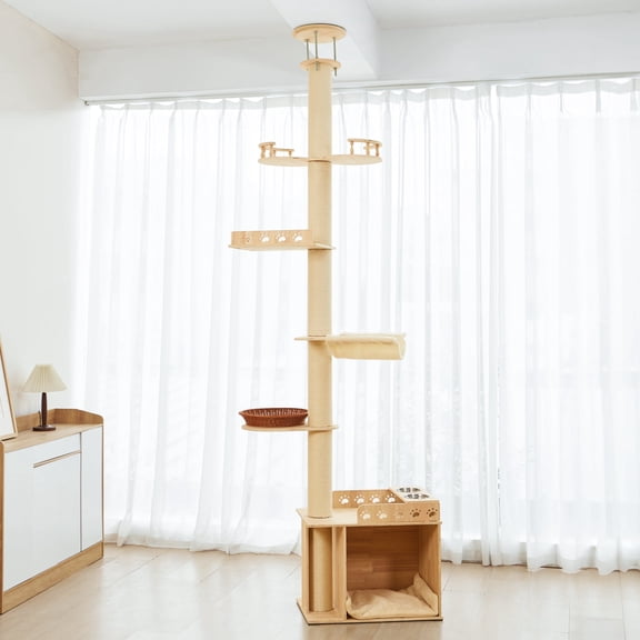 YIKEMA Modern Plain Waterproof Freestanding Cat Tree - 5-Tier, 102-118 in Adjustable Ceiling-to-Floor, Hemp Scratching Post, Chew Resistant Activity Center with Perches, Machine Wash Compatible