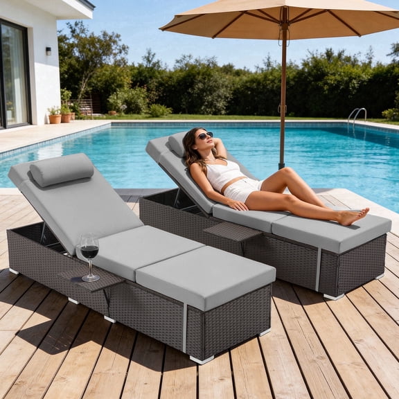 ZZW Outdoor Chaise Lounge with Side Table – No Extra Table Needed. 400lbs Heavy Duty Wicker Patio Chair with Metal Feet & 6-Position Recline Gray (Set of 2)