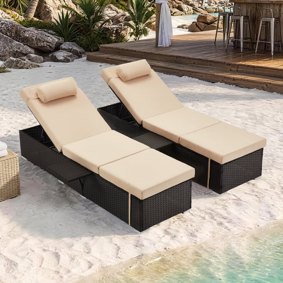 YIKEMA PE Wicker Outdoor Chaise Lounge - Set of 2, Khaki
