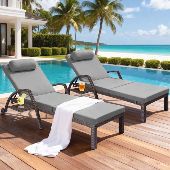 ZZW Patio Chaise Lounge with Pull-Out Side Tray & Wheels, Adjustable Outdoor Wicker Recliner Chair with Thick Cushions for Poolside, Gray (Set of 2)