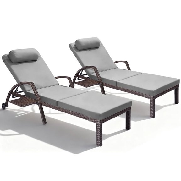 ZZW Patio Chaise Lounge with Pull-Out Side Tray & Wheels, Adjustable Outdoor Wicker Recliner Chair with Thick Cushions for Poolside, Gray (Set of 2)