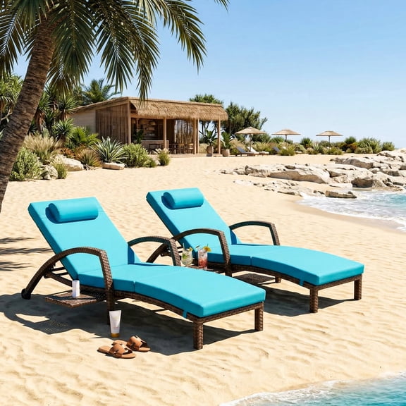 YIKEMA Steel & PE Rattan Outdoor Chaise Lounge - Set of 2, Light Blue