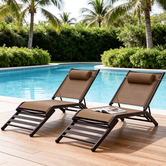 YIKEMA Textilene Foldable Outdoor Chaise Lounge with Adjustable Back Assembly Set of 2, Brown
