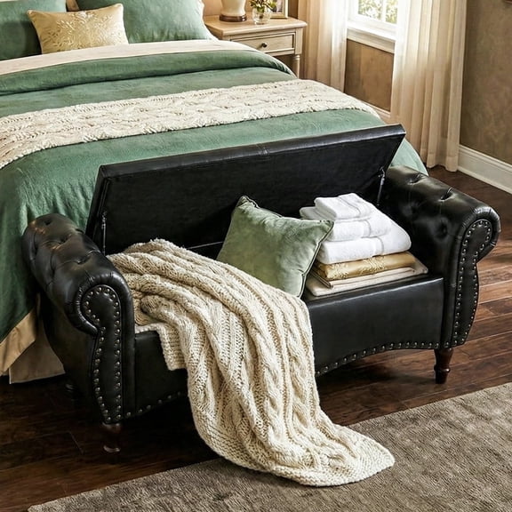 YIKEMA Upholstered PU Leather Rectangle Storage Ottoman Bench with Nailhead Trim, 51.5", Black