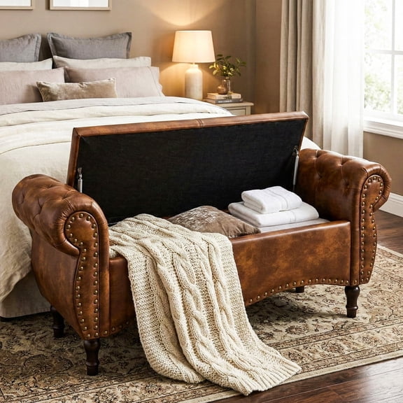 YIKEMA Upholstered PU Leather Rectangle Storage Ottoman Bench with Nailhead Trim, 51.5", Brown