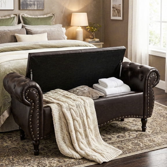 YIKEMA Upholstered PU Leather Rectangle Storage Ottoman Bench with Nailhead Trim, 51.5", Dark Brown