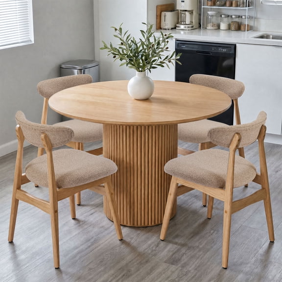 YIKEMA Wooden Dining Chairs Set of 4, Upholstered Kitchen Chairs, Mid Century Modern for Dining Room, Living Room, Lumbar-Ergonomic Backrest, Thick Contoured Seat, Adjustable Foot Pads. Natural&Gray