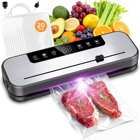 YIKORLUMI Food Vacuum Sealer Machine,80Kpa Food Sealer 6-in-1 Dry/Moist Modes & Digital Timer, Built in Cutter + 20 Vacuum Sealer Bags (Stainless Steel)