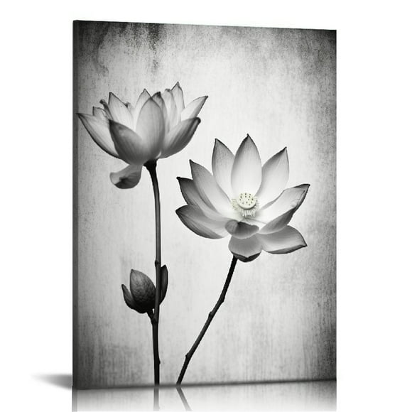 YIKUMA Black & White Flower Wall Art Lotus Close-up Painting on Canvas Vintage Zen Floral Artwork for Office Living Room Bedroom Wall Decoration 12x16 in