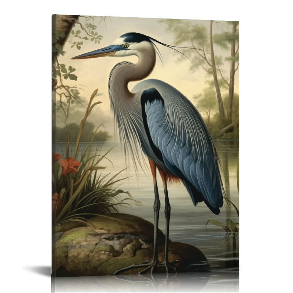 YIKUMA Blue Heron Poster Art Print Retro Vintage Bird Wall Art Poster ...