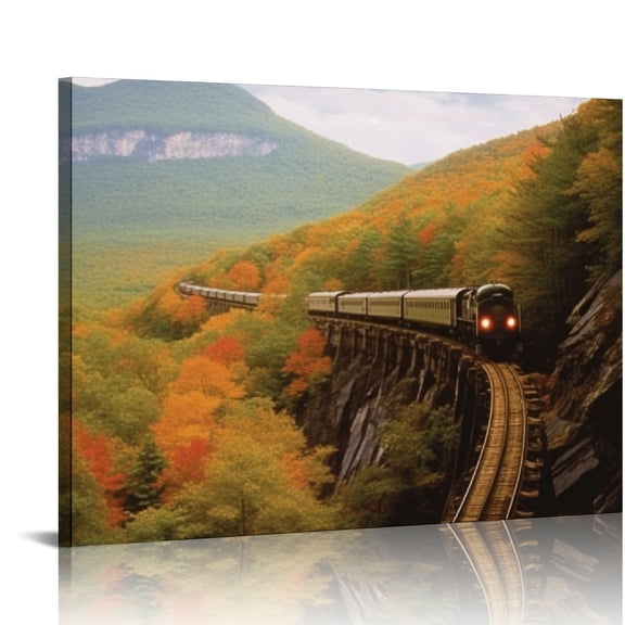 YIKUMA Canvas Print Wall Art Autumn Mountain Train Railroad Tracks Nature Wilderness Photography Realism Decorative Landscape Relax/Calm for Living Room, Bedroom, Office 20x16in