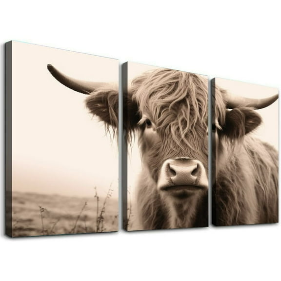 YIKUMA  Highland Cow Farm Animal, Horizontal Canvas Wall Art - HD Giclee Printed Stretched Panel Picture Decorations - Living Dining Bed Dorm Room Home Decor Prints 12''x16''X3 Panels 12x16x3pcs