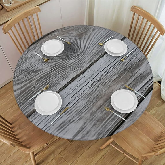 YIKUMA Indoor Outdoor Patio Round Fitted Vinyl Tablecloth, Flannel Backing, Elastic Edge, Waterproof Wipeable Plastic Cover, Gray Barn Wood Grain Plank for 6-Seat Table 36-70’’ Diam White