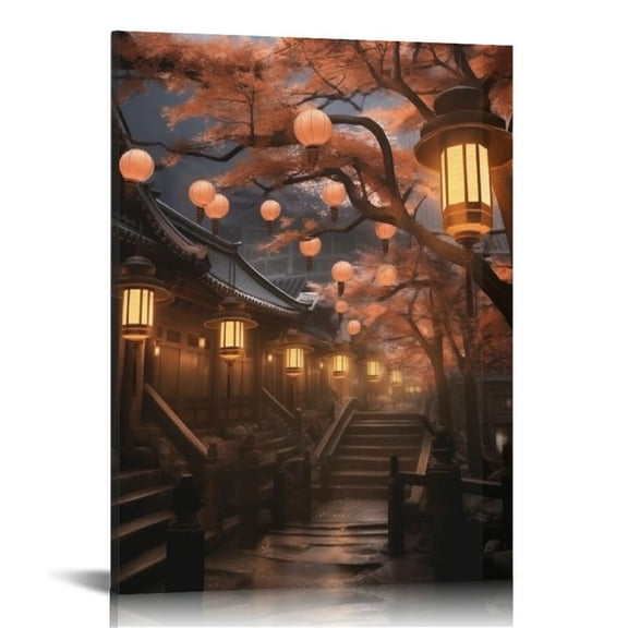 YIKUMA Japanese Anime Art Ancient Town Street View Cherry Blossoms Poster Poster Frame Hanger Scroll Posters Canvas Decorative Hanging Painting Wall Art Decor Room 16x20 in
