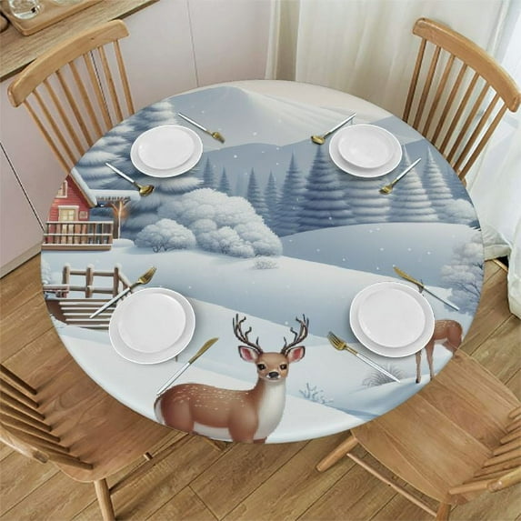 YIKUMA Table Cover Deer Watercolor Wild Animal Snow Forest Rustic Farmhouse Winter Cabin Round Tablecloth White