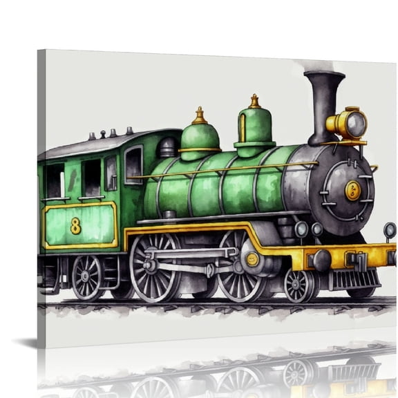 YIKUMA Train Canvas Wall Art Transportation Framed Steam Locomotive Painting Print Watercolor Nursery Art Vehicles Canvas Wall Decor for Home Bedroom Kids Room 16x12in
