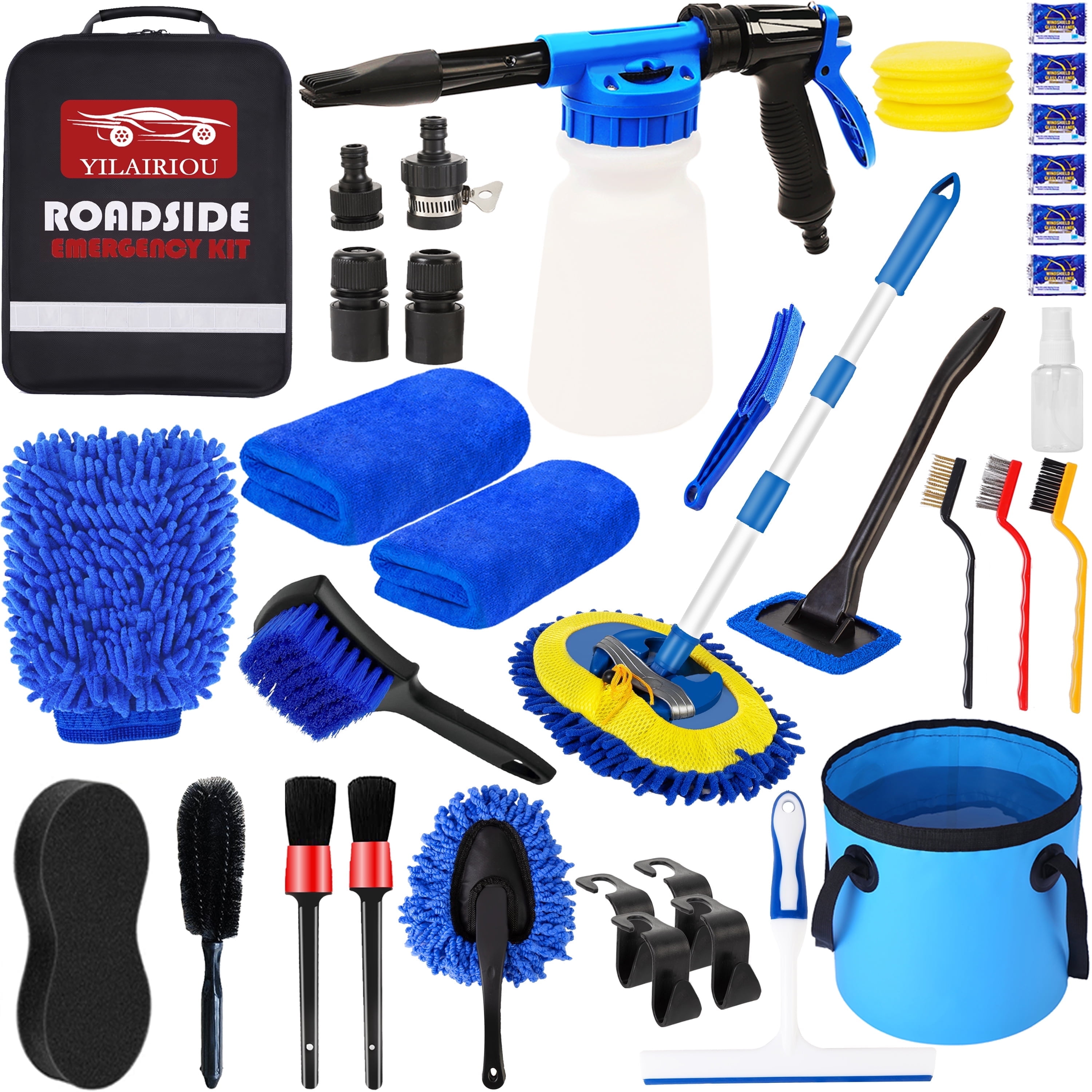 YILAIRIOU  37Pcs Car Wash Detailing Kit Foam Gun Sprayer Long Handle Foldable Car Wash Brush Bucket Towels Tire Brush Wash Mitt Sponge Duster Brush Car Wash Kit is Complete Car Care Tools