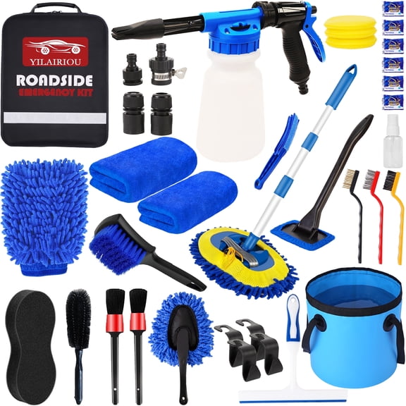 YILAIRIOU 37Pcs Car Wash Detailing Kit Foam Gun Sprayer Long Handle Foldable Car Wash Brush Bucket Towels Tire Brush Wash Mitt Sponge Duster Brush Car Wash Kit is Complete Car Care Tools