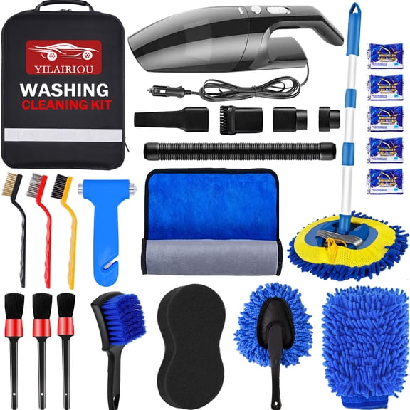 YILAIRIOU Car Wash Kit with High Power Handheld Vacuum Car Wash Detailing Mop kit Car Cleaning Kit Detailing Brush Safety Hammer Car Wash Brush Microfiber Gloves Washing Sponge fo Car Washing Kit