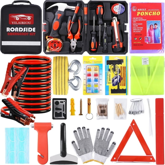YILAIRIOU Car Emergency Kit- Roadside Assistance Emergency Kit, Car Emergency Kit with Jumper Cables, Safety Kits for Cars,Folding Shovel, Tow Rope,Car Tool Kitcar