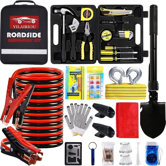 YILAIRIOU Car Emergency Roadside Kit - Roadside Assistance Emergency Kit, Car Emergency Kit with Jumper Cables, Safety Kits for Cars,Folding Shovel, Tow Rope,Car Tool Kit