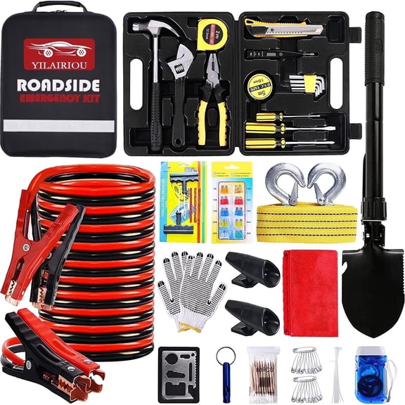 YILAIRIOU Car Emergency Roadside Kit - Roadside Assistance Emergency Kit, Car Emergency Kit with Jumper Cables, Safety Kits for Cars,Folding Shovel, Tow Rope,Car Tool Kit