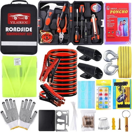 YILAIRIOU Roadside Emergency Car Kit- Emergency Roadside Kit for Car,Roadside Kit with Jumper Cables,Tow Strap,Car Tool Kit,Deer Whistles for Car,Emergency Truck Kit