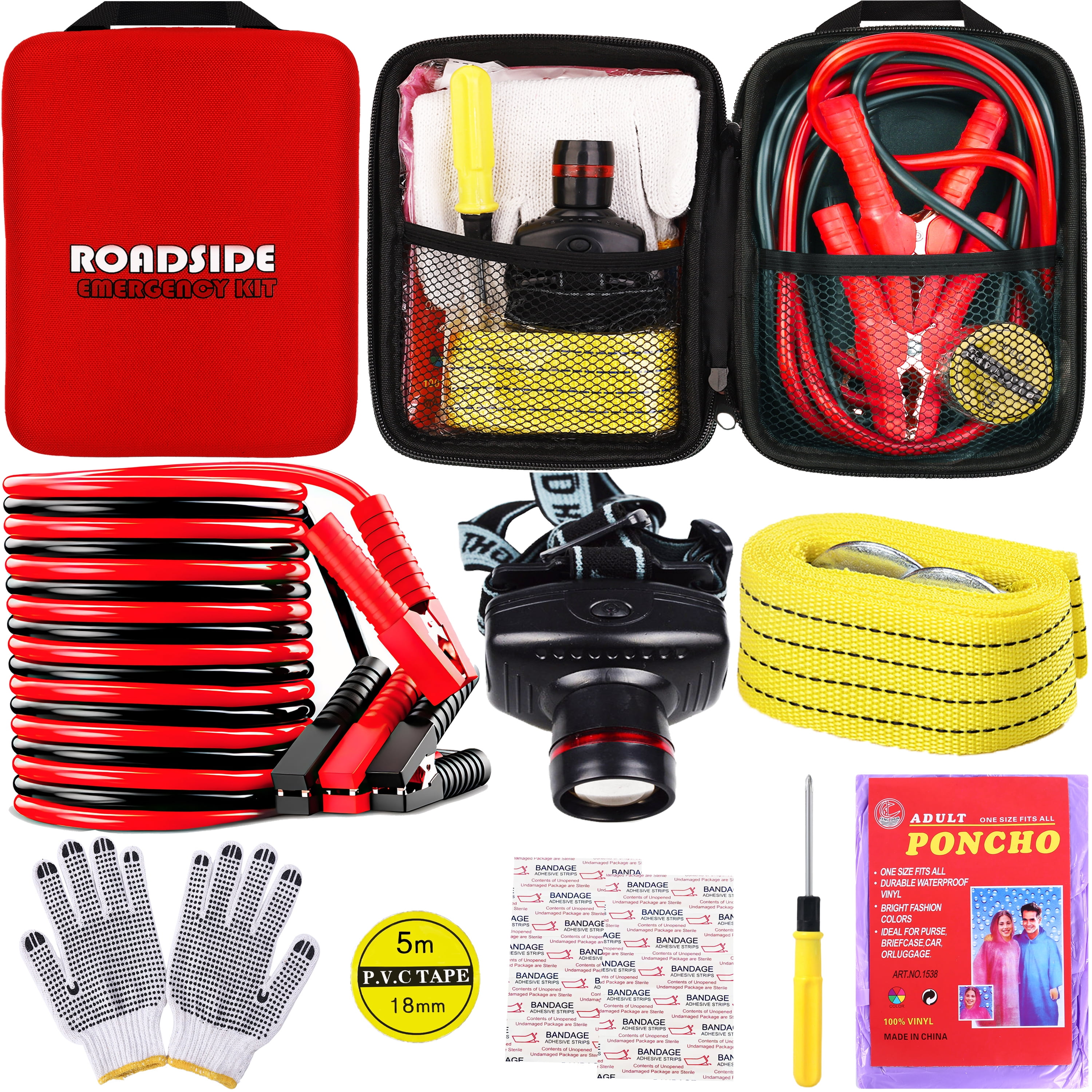 YILAIRIOU Car Roadside Emergency Kit, with Jumper Cables Automotive Kit,Car Safety Roadside Assistance Kit Headlamp,Tow Straps,Screwdrivers, Rainwear, Gloves.Red