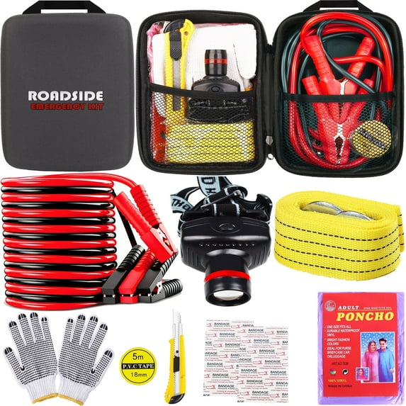 YILAIRIOU Car Roadside Emergency Kit, with Jumper Cables Automotive Kit,Car Safety Roadside Assistance Kit Headlamp,Tow Straps,Art Knife, Rainwear, Gloves.Grey