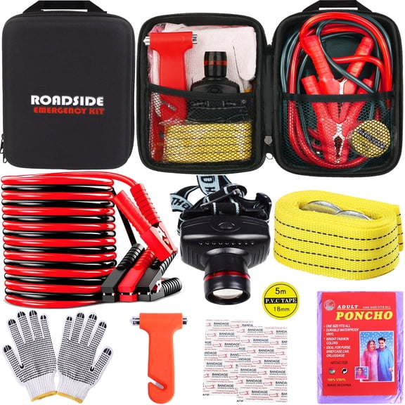 YILAIRIOU Car Roadside Emergency Kit, with Jumper Cables Automotive Kit,Car Safety Roadside Assistance Kit Headlamp,Tow Straps, Safety Hammers, Rainwear, Gloves.Black