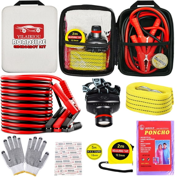YILAIRIOU Car Emergency Roadside Tool Kit, Auto Emergency Kits Vehicles, with Jumper Cables kit，Car Safety Roadside Assistance Kit,Headlamp,Tow Straps,Tape Measure,Rainwear,Gloves.Gloves.Pale