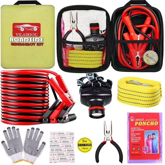 YILAIRIOU Car Emergency Roadside Tool Kit, Auto Emergency Kits Vehicles, with Jumper Cables kit,Car Safety Roadside Assistance Kit,Headlamp,Tow Straps,Needle Nose Pliers,Rainwear,Gloves.Matcha Green