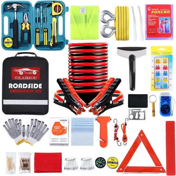 YILAIRIOU Roadside Emergency Kit - Car Emergency Kit with Jumper Cables (Upgraded) Emergency Roadside Kit for Car 142 Pieces Car Safety Kits ,Tow Strap,Tool Kit,Reflective Warning Triangle
