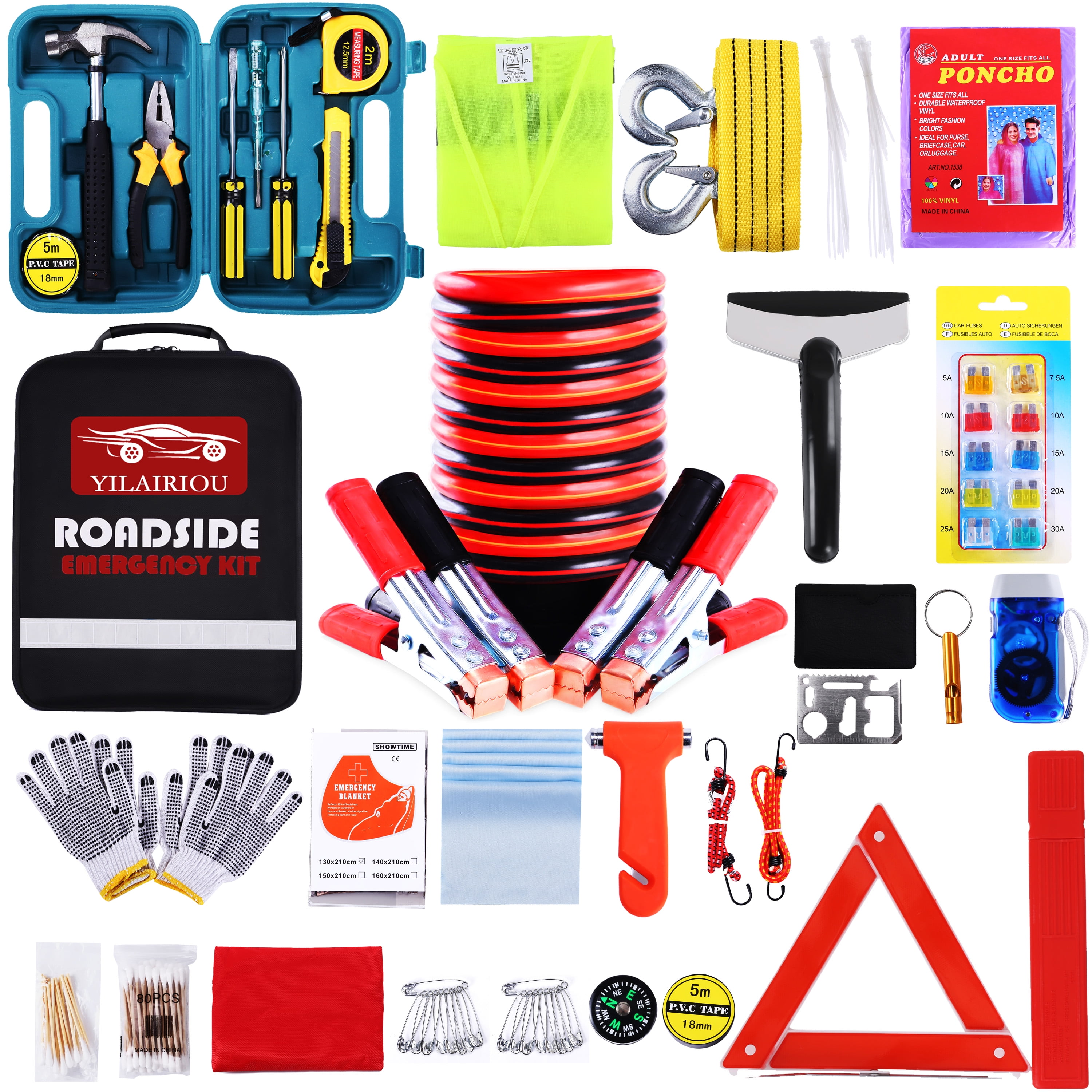  HAIPHAIK Car Emergency Roadside Kit- Safety Kits for Cars, Car  Jumper Cables Kit 11.8 Foot (Upgrade) 124 Pcs Car Tool Kit,Tow Strap,  Folding Survival Shovel : Automotive