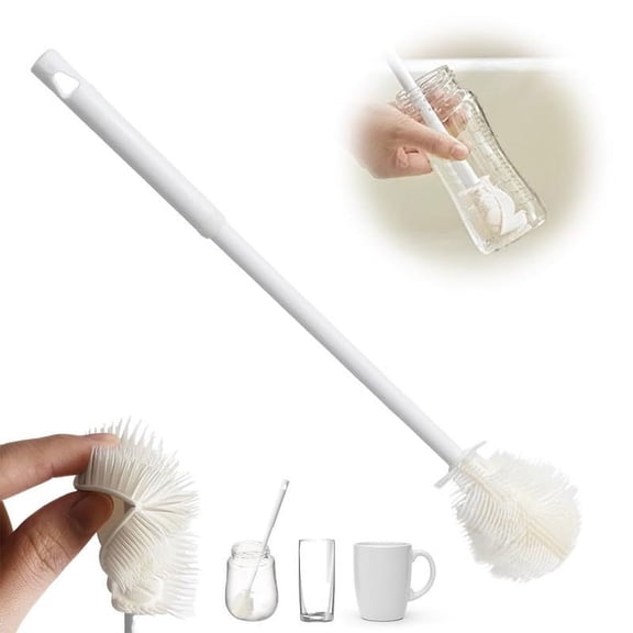 YILANP 360° Flexible Silicone Bottle Brush with Long Handle – Deep Cleaning Brush for Narrow Neck Bottles, Water Bottles, Baby Bottles, Flasks (White,1Pcs)