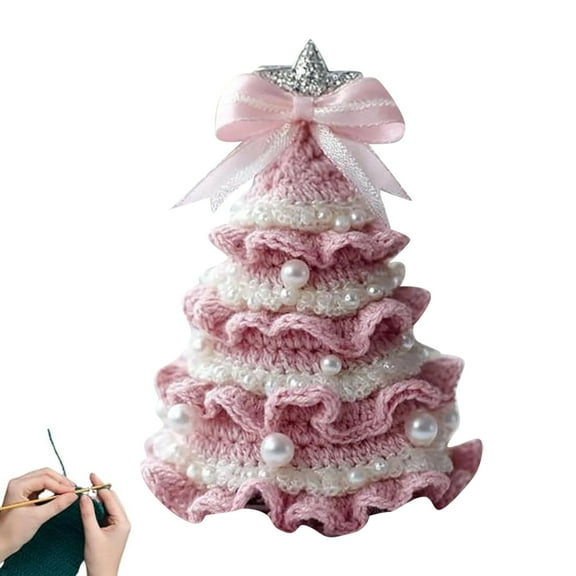 YILANP Crochet Christmas Tree, Handmade Crochet Christmas Tree with Ornaments Snow Crochet Xmas Tree for Christmas Home Office Desk Shelf Table Decor Holiday Birthday Gifts (Pink)