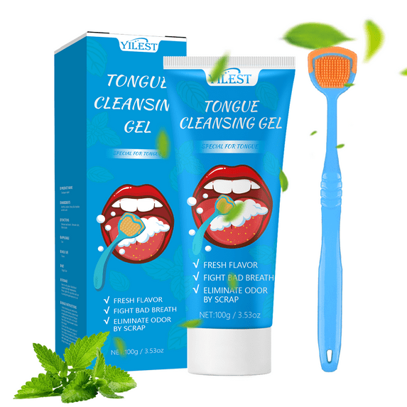 YILEST 2PCS Tongue Cleaner Set, Tongue Cleansing Gel 50 g + Tongue Brush, Tongue Cleaning & Oral Care Eliminates Bad Breath and Fresh Breath