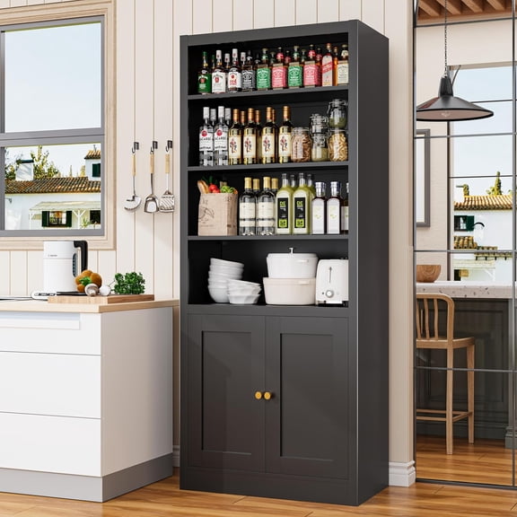 YILFANA Kitchen Pantry Cabinet, 55" Tall Metal Storage Cabinet with Doors and Shelves, Pantry Storage Cabinets for Kitchen, Living Room, Dining Room (Black)