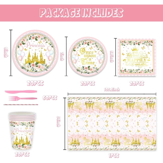 YILOSF-141pcs Princess Party Decorations Disposable Tableware Set Inculde Plates Napkins Knives Forks Straws Cup and Tablecloth for Birthday Party Bridal Serve 20 Guests