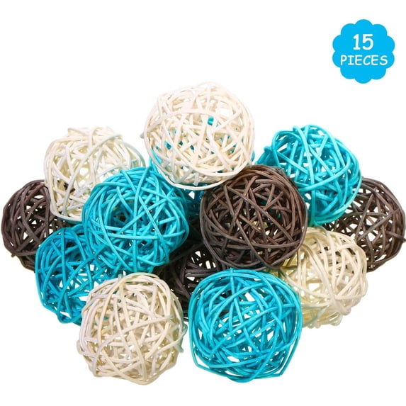 YILOSF-15 Pieces Wicker Rattan Balls Decorative Orbs Vase Fillers for Craft, Party, Wedding Table Decoration, Aromatherapy Accessories, 1.8 Inch(Light-Blue White Gray)
